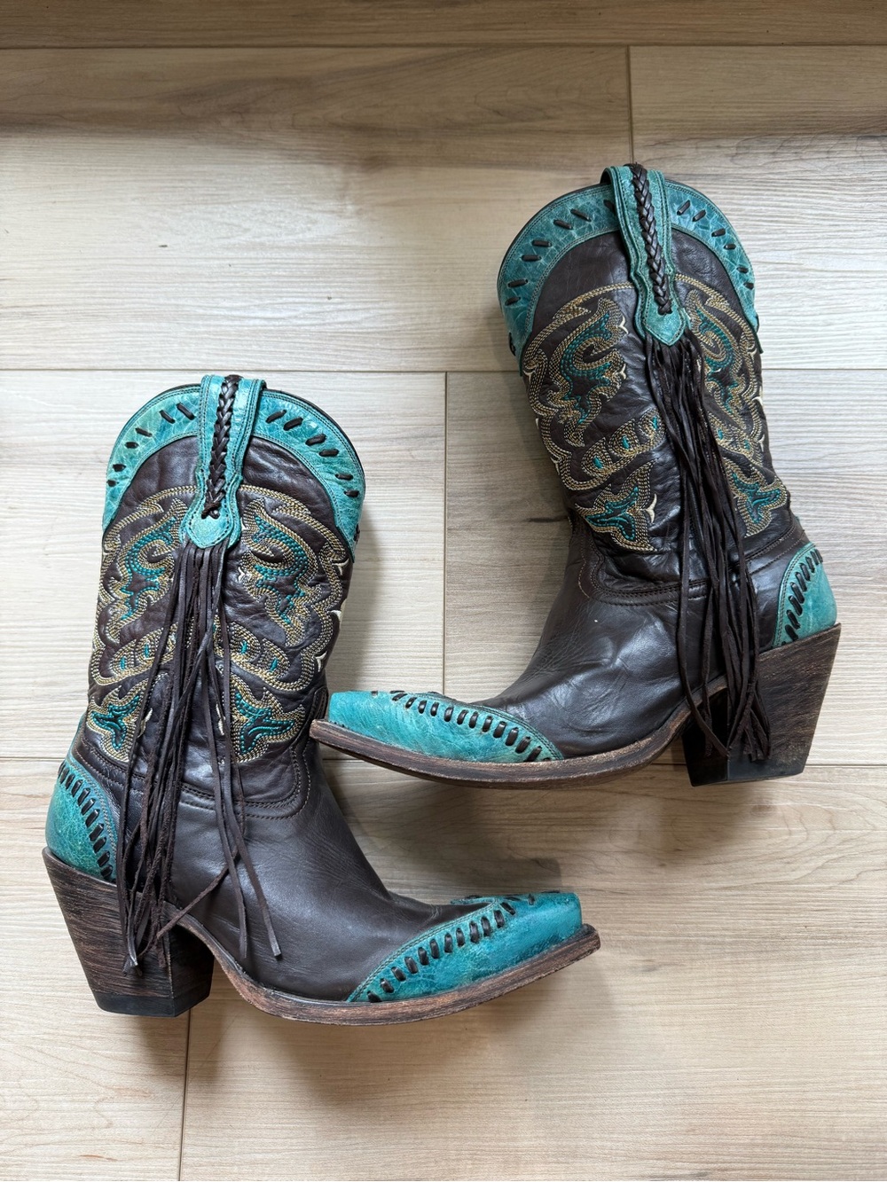 Lucchese Western Cowboy Boots Choc Brown Turquoise Crater Wingtip Fringe 6 B